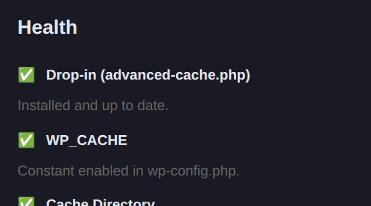 Health checks on the Novra Cache dashboard on a phone: drop-in up to date and WP_CACHE enabled.