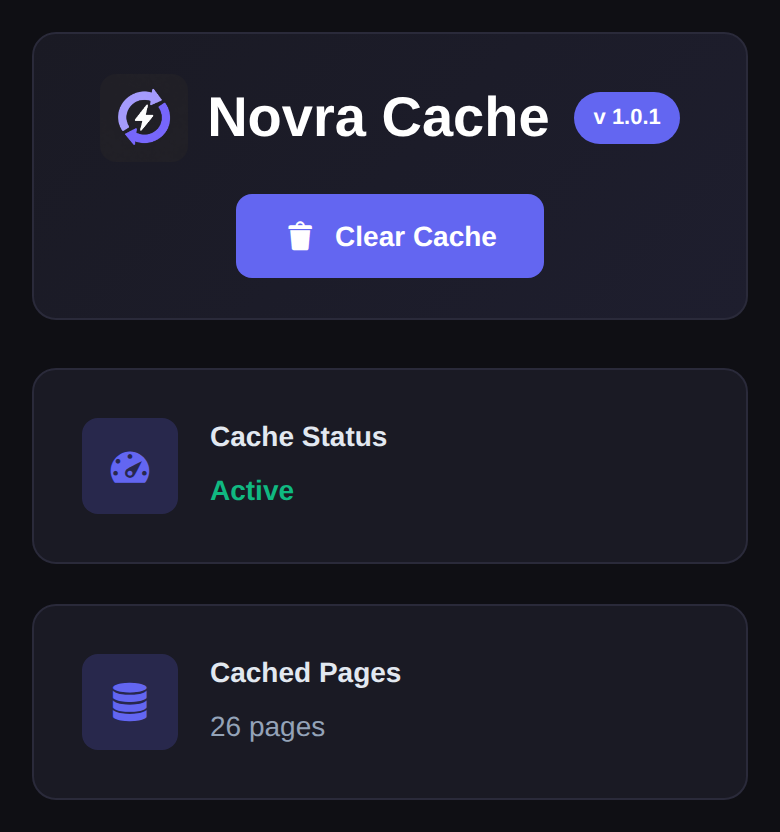 Novra Cache dashboard on a phone: Clear Cache button, cache status active and the number of cached pages.