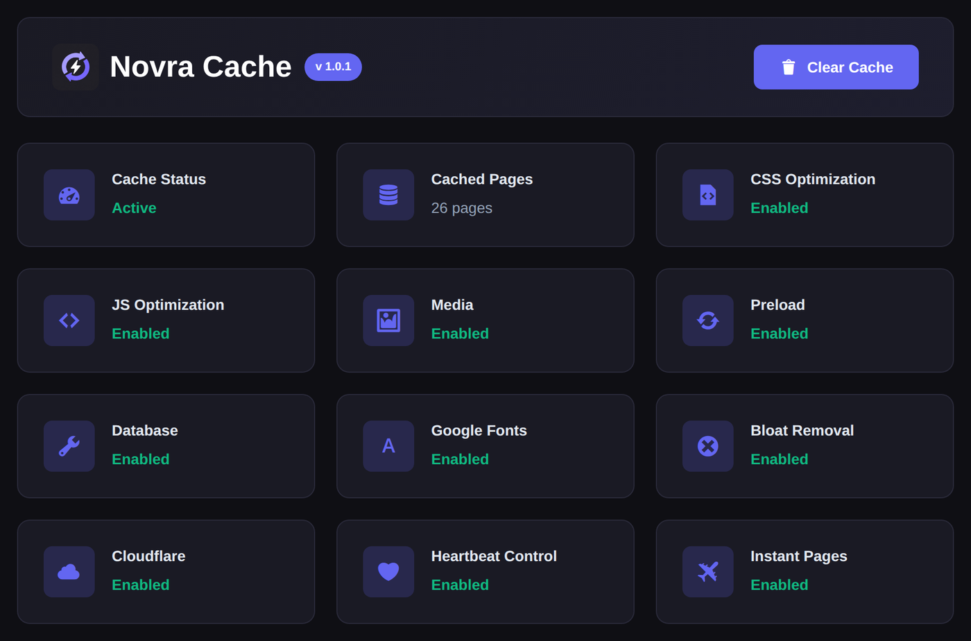 Novra Cache dashboard with cache status active, cached pages, and status cards for CSS and JavaScript optimization, media, preload, database, Google Fonts, bloat removal, Cloudflare, Heartbeat control and Instant Pages.