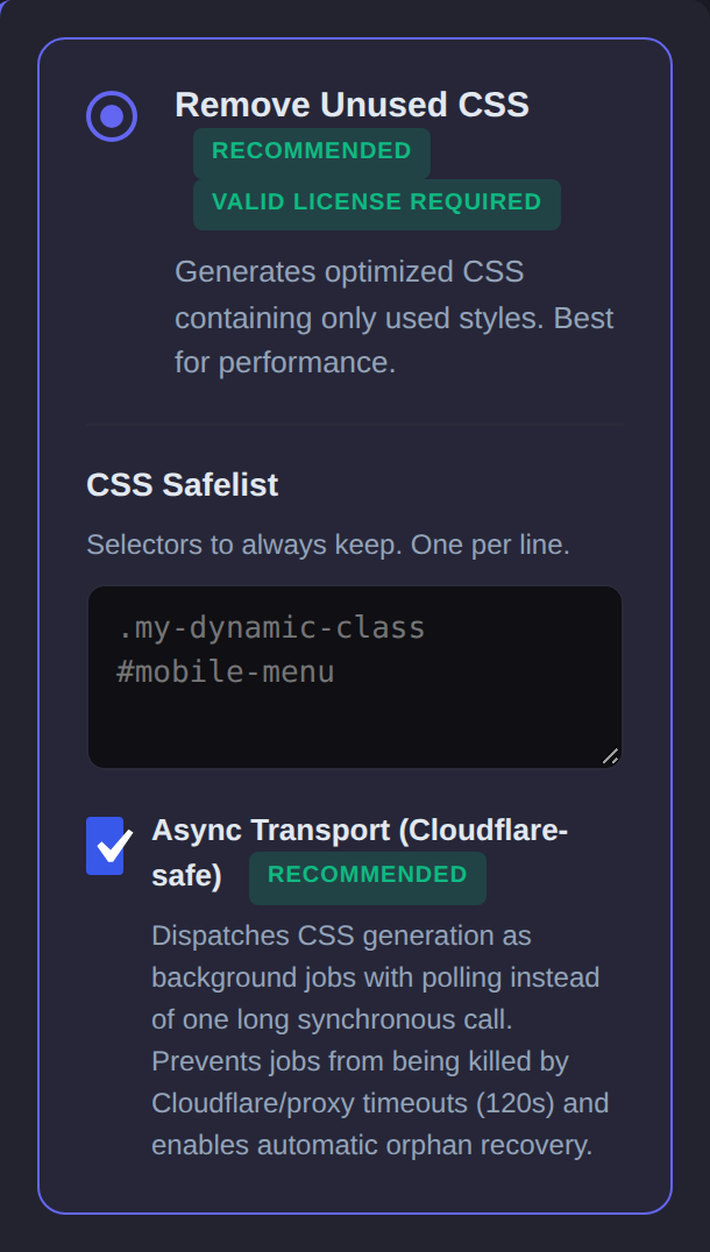 Remove Unused CSS in Novra Cache: optimized CSS with only the used styles, a CSS safelist and async transport.