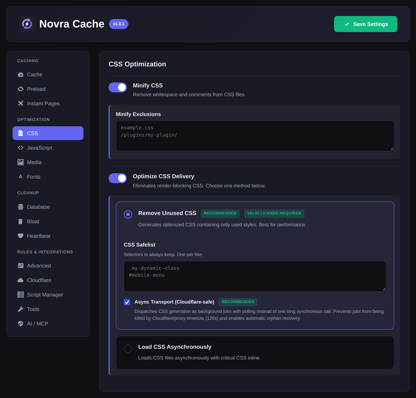 The CSS section of Novra Cache with Minify CSS and Optimize CSS Delivery: Remove Unused CSS (recommended, valid license required) with a CSS safelist and Cloudflare-safe async transport.