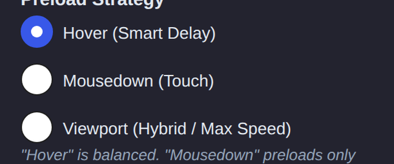 Instant Pages preload strategy in Novra Cache: hover, mousedown or viewport.