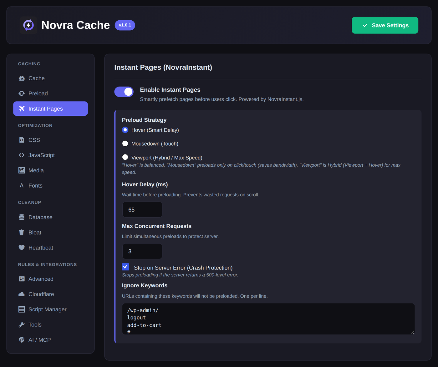 The Instant Pages section in Novra Cache: prefetch strategy hover with a 65 millisecond delay, three concurrent requests, stop on server error and a list of keywords never to prefetch.