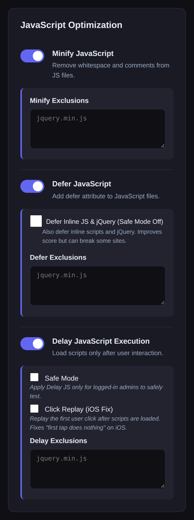 JavaScript optimization in Novra Cache on a phone: minify, defer and delay JavaScript with exclusion lists, safe mode and click replay.