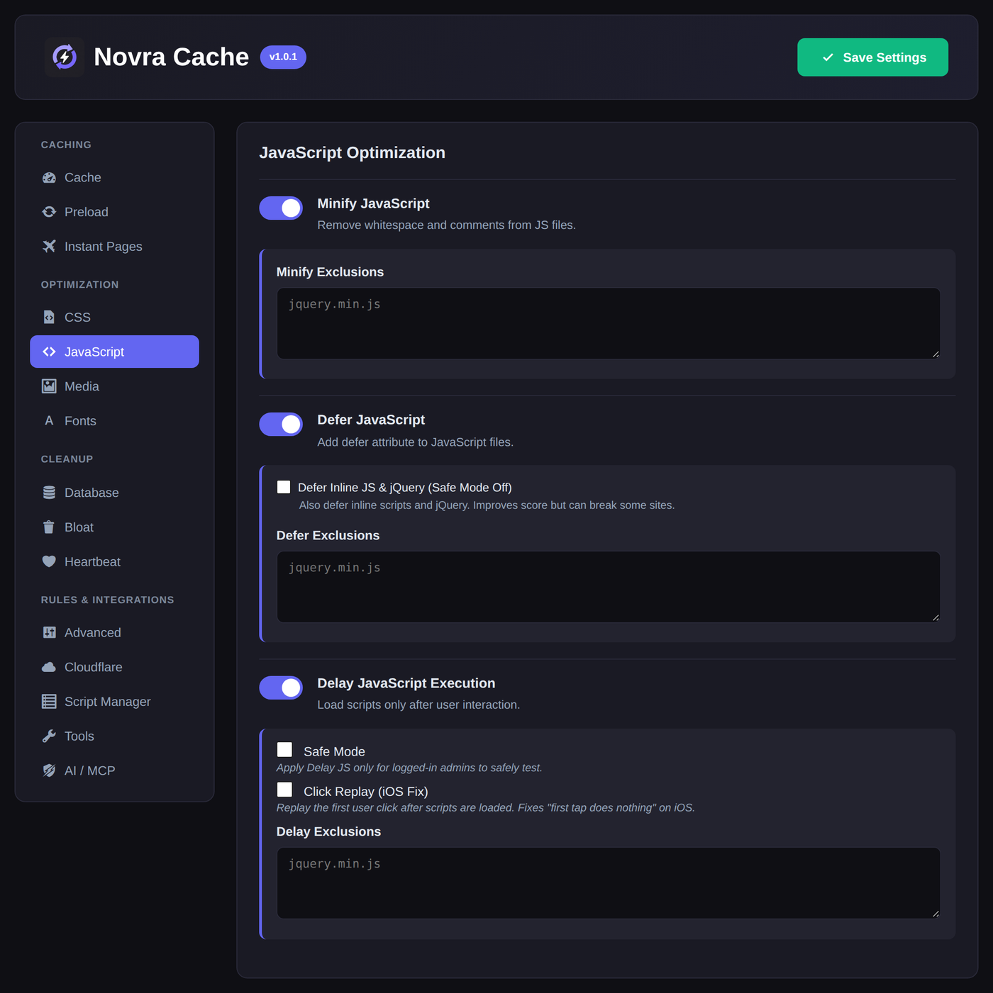 Novra Cache settings on the JavaScript section: grouped navigation on the left, toggles for minifying, deferring and delaying JavaScript, each with its own exclusion list.