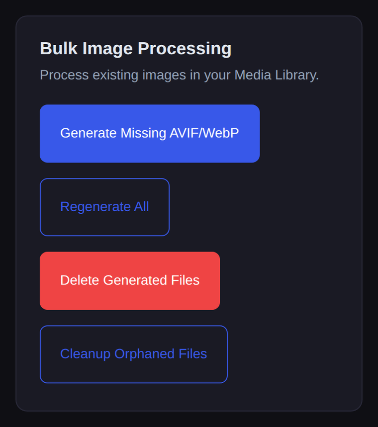 Bulk image processing in Novra Cache: generate missing AVIF and WebP files, regenerate all, delete generated files or clean up orphans.