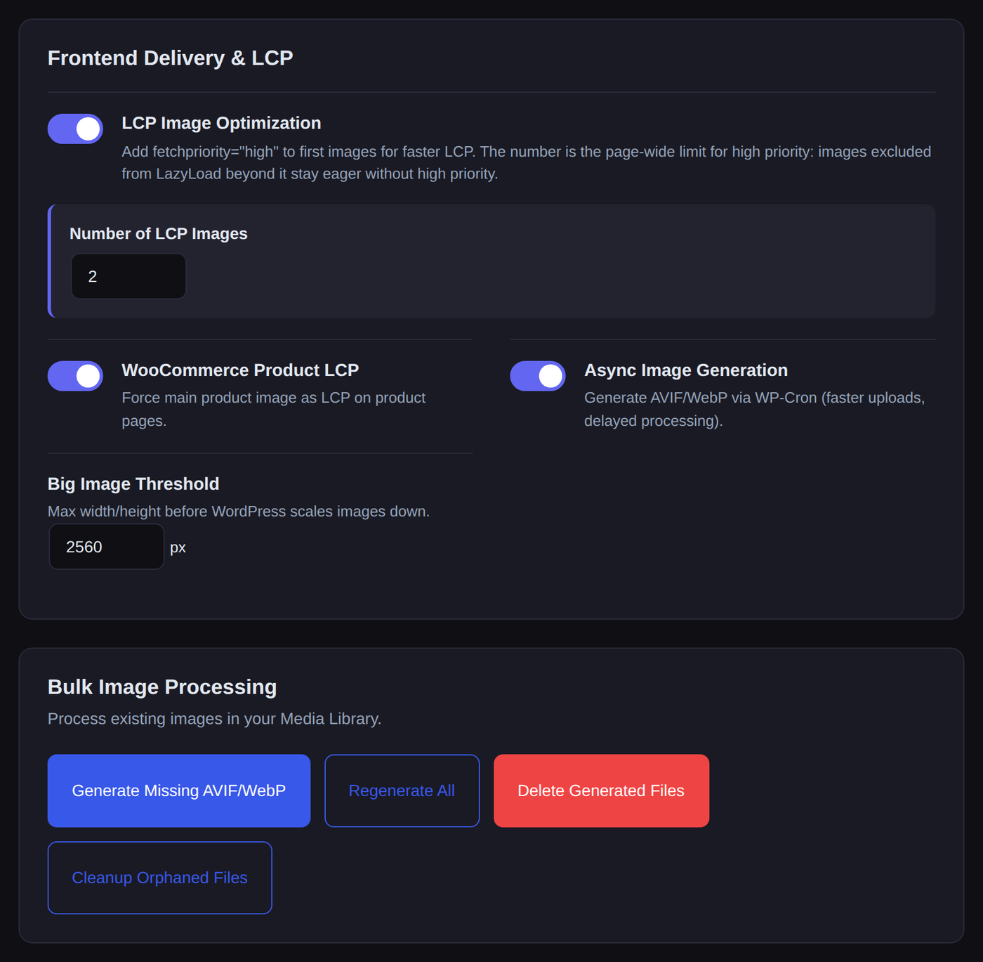 Media settings in Novra Cache: LCP image optimization, WooCommerce product LCP, async image generation, big image threshold and bulk actions to generate, regenerate, delete or clean up AVIF and WebP files.