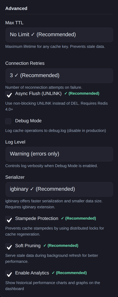 Advanced options in Novra Object Cache on a phone: Max TTL, retries, async flush, debug mode, log level and serializer.