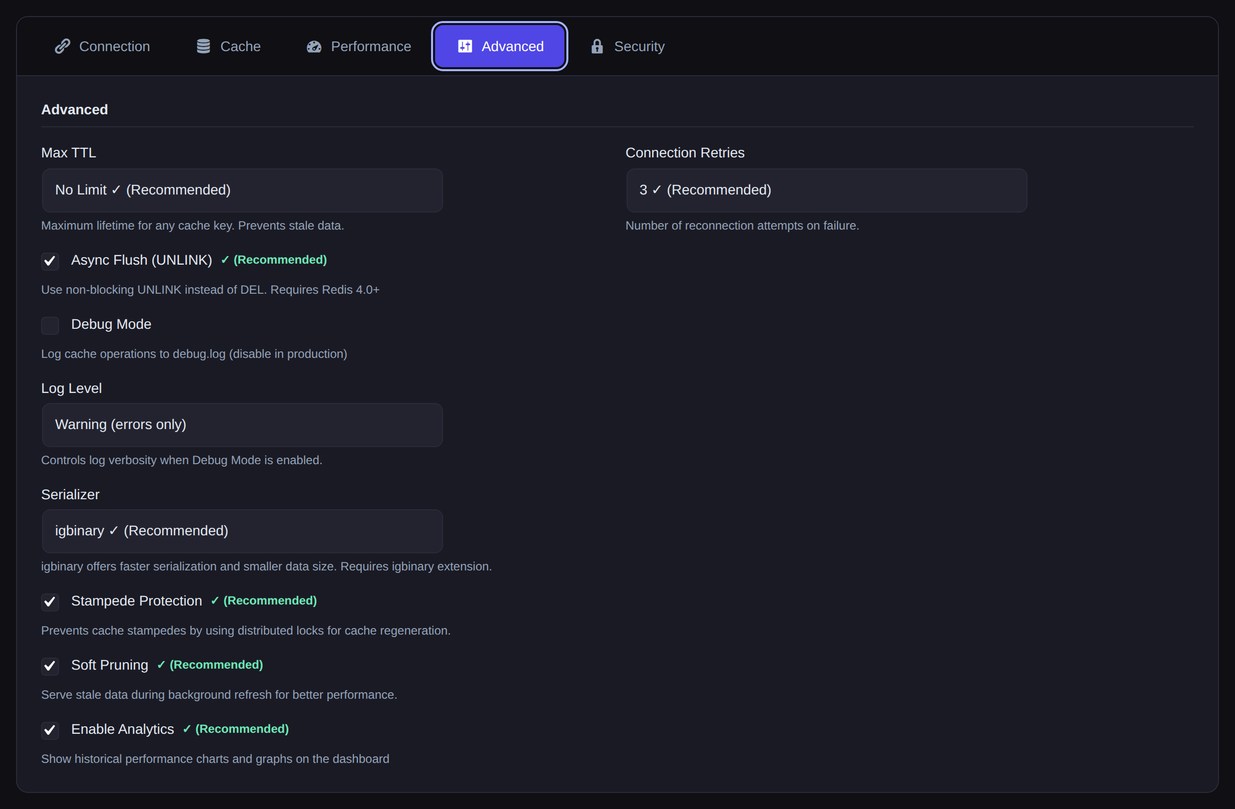 Advanced tab in Novra Object Cache with Max TTL, connection retries, async flush, debug mode, log level, igbinary serializer, stampede protection, soft pruning and analytics.
