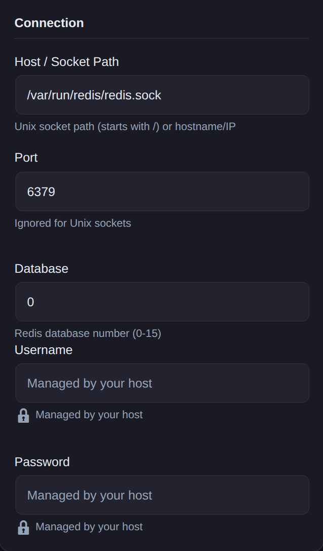 Connection settings in Novra Object Cache on a phone: socket path, port, database, and credentials managed by the host.
