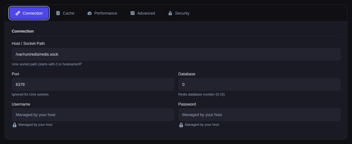 Connection tab in the Novra Object Cache settings: host or Unix socket path, port and database; username and password are managed by the host.