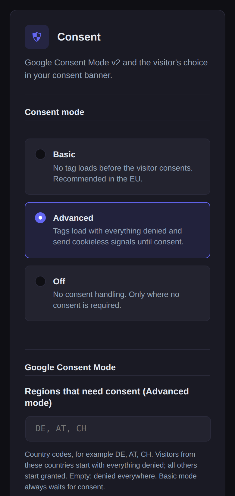 Consent settings in Novra Tracking on a phone: basic, advanced or off, and the regions that need consent.