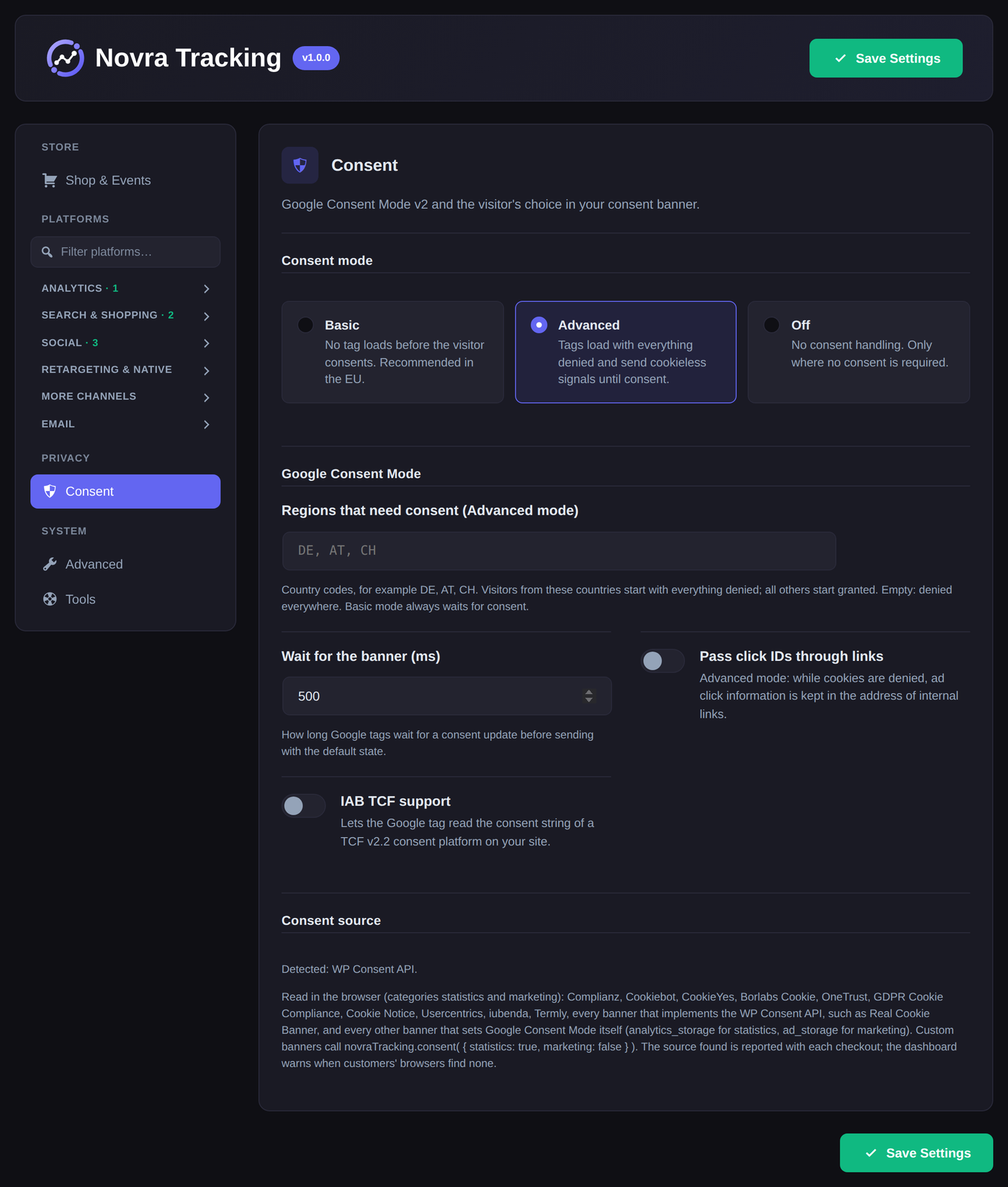 Consent settings in Novra Tracking: consent mode basic, advanced or off, regions that need consent, the wait time for the banner, click IDs through links, IAB TCF and the detected consent plugin.