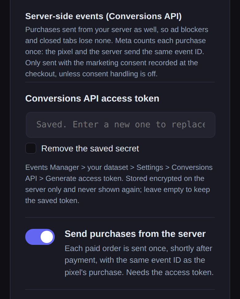 Server-side events for Meta on a phone: Conversions API access token and the switch to send purchases from the server.
