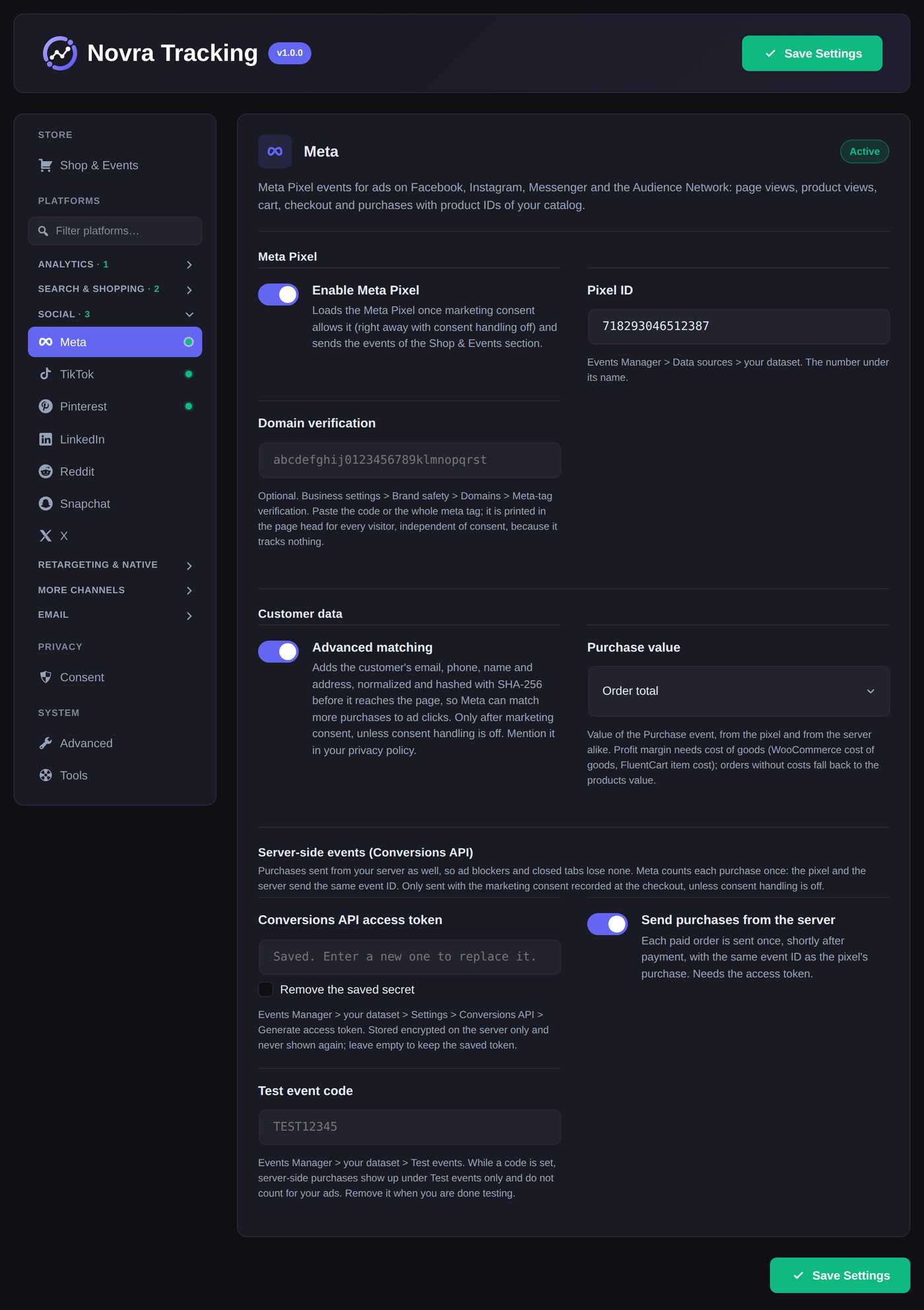 Meta settings in Novra Tracking: Meta Pixel with pixel ID, advanced matching, purchase value and purchases sent from the server through the Conversions API, next to the platform groups in the navigation.