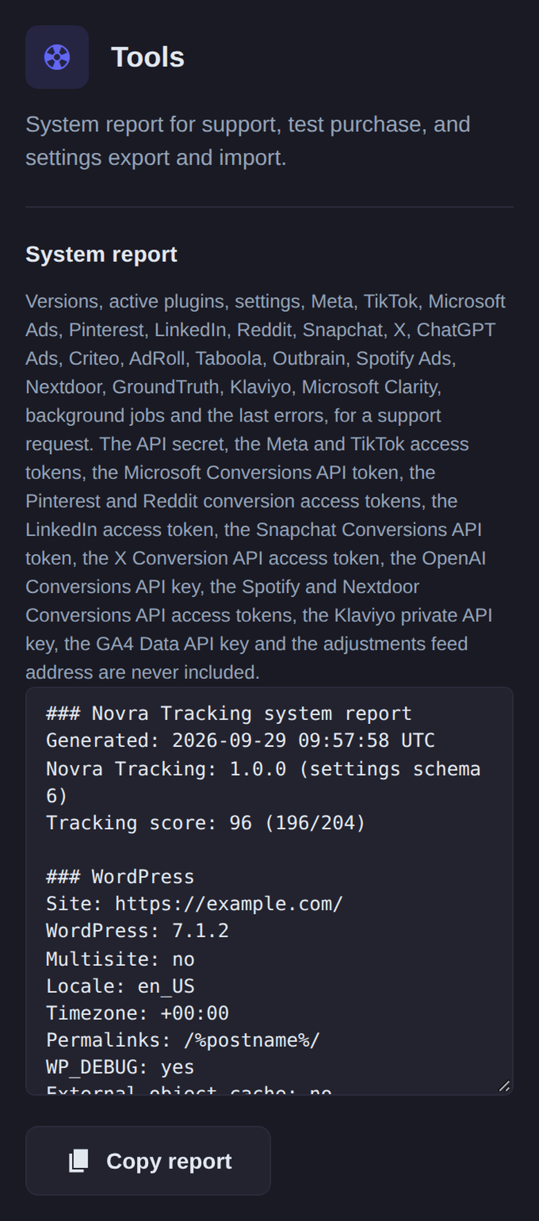 The Novra Tracking system report on a phone, ready to copy for support.