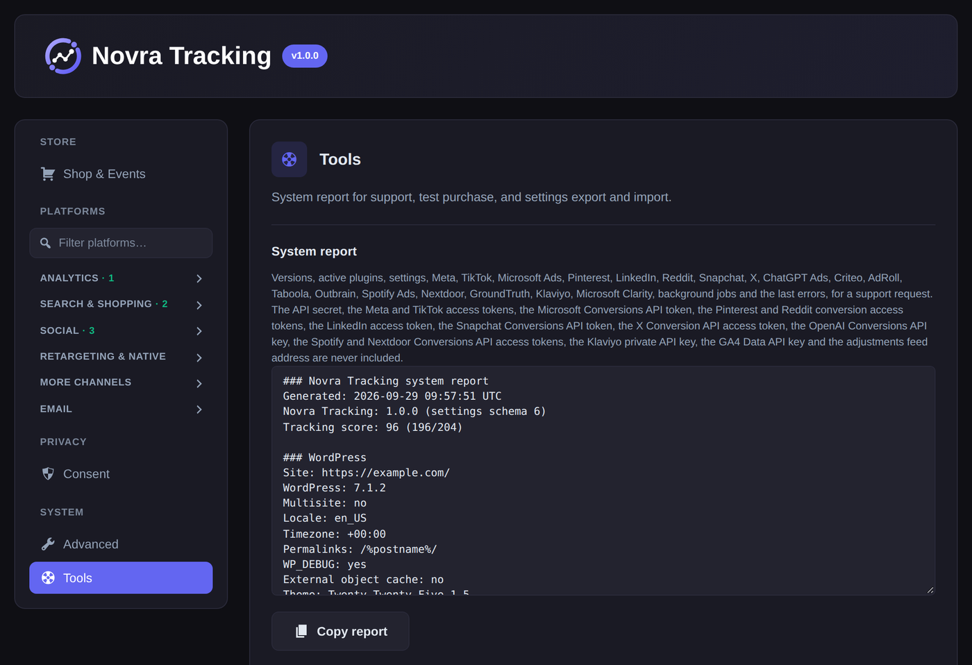 Tools in Novra Tracking: a system report for support, ready to copy, next to the settings navigation.