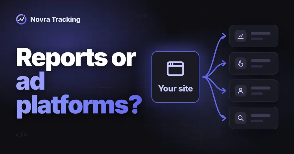 Novra Tracking graphic with the headline “Reports or ad platforms?” and a website sending sales to several ad platform tiles