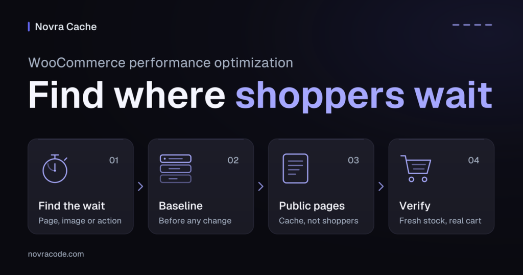 WooCommerce performance optimization in four steps: find the wait, record a baseline, cache public pages, verify a purchase.