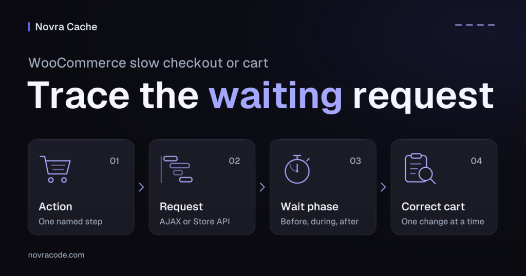 Tracing a slow WooCommerce cart or checkout: one shopping action, its request, the waiting phase and a correct cart afterwards.