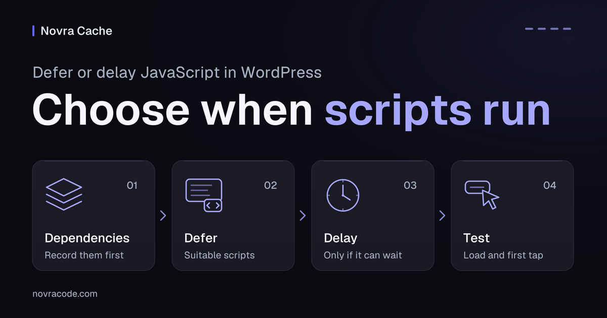 Defer or delay JavaScript in WordPress: record dependencies, defer suitable scripts, delay only what can wait, test the first tap.
