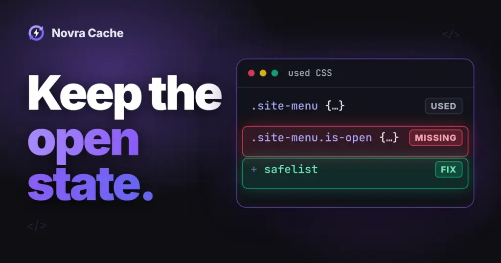 Used CSS editor where the .site-menu.is-open rule is flagged missing in red and a green safelist line marks the fix