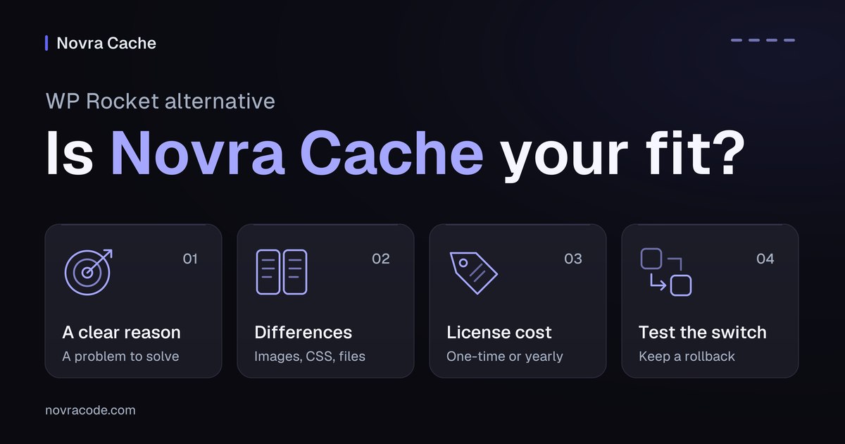 Deciding on Novra Cache as a WP Rocket alternative: a clear reason, the practical differences, license cost and a tested switch.